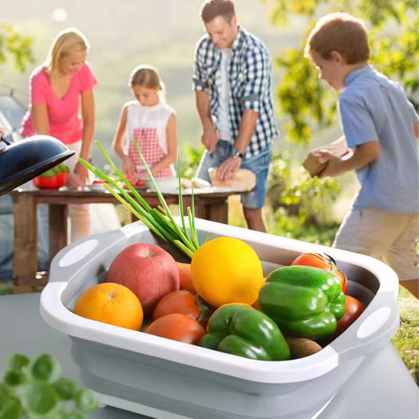 Camping Collapsible Cutting Board Dish Basin BBQ Prep Tub Camp Sink Dish Washing Station Multifunctional Storage Basket(Grey green)