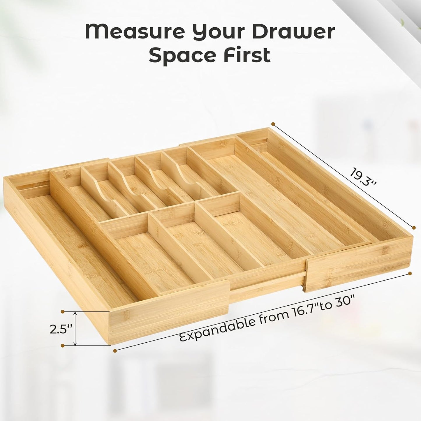Fabsome Silverware Organizer for Cabinet Drawer, Expandable from 16.7'' to 30'' Wide Bamboo Wood Flatware Tray for Large Kitchen Drawers, Cutlery Utensil Holder