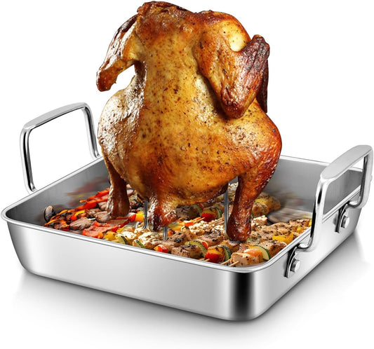 Herogo Small Roasting Pan with Beer Can Chicken Holder, 9 Inch Stainless Steel Square Baking Pans with BBQ Vertical Stand Rack for Baking Oven Grilling Smoker, Easy to Use & Dishwasher Safe