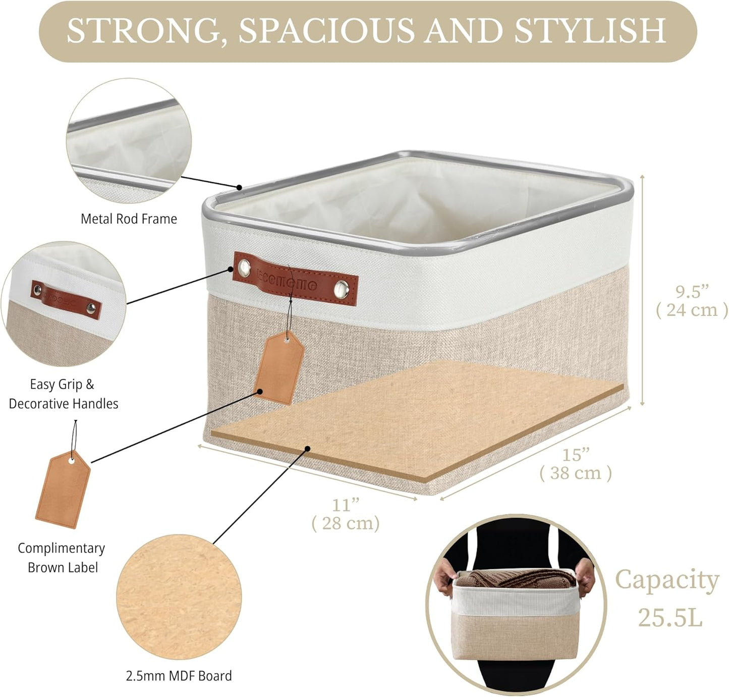 DECOMOMO Storage Baskets for Shelves - Fabric Storage Bins, Linen Closet Organizers and Storage (Beige & White, Large - 4 Pack)