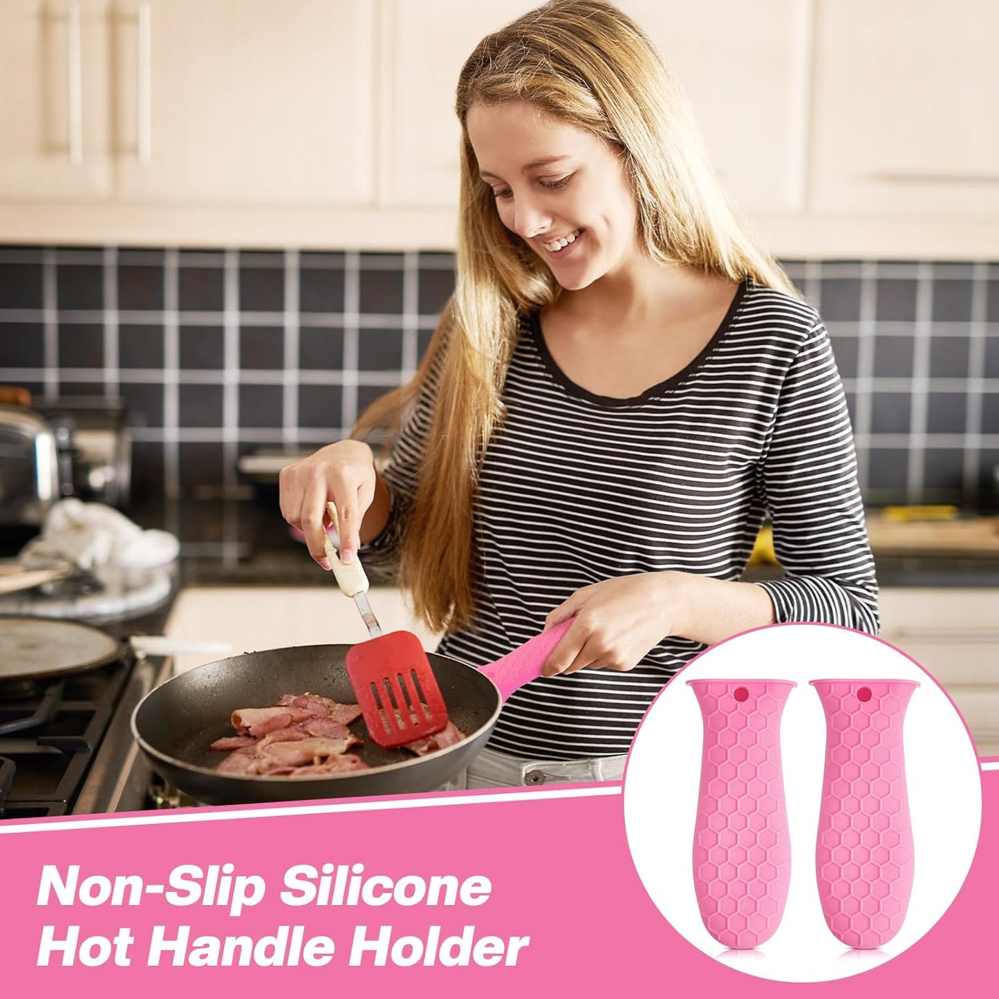 Patelai 2pcs Silicone Handle Cover for Cast Iron Skillet Kitchen Silicone Handles for Pots and Pans Non-Slip Pot Holder Sleeve for Fry Pan Griddles Metal Aluminum Cookware(Pink)