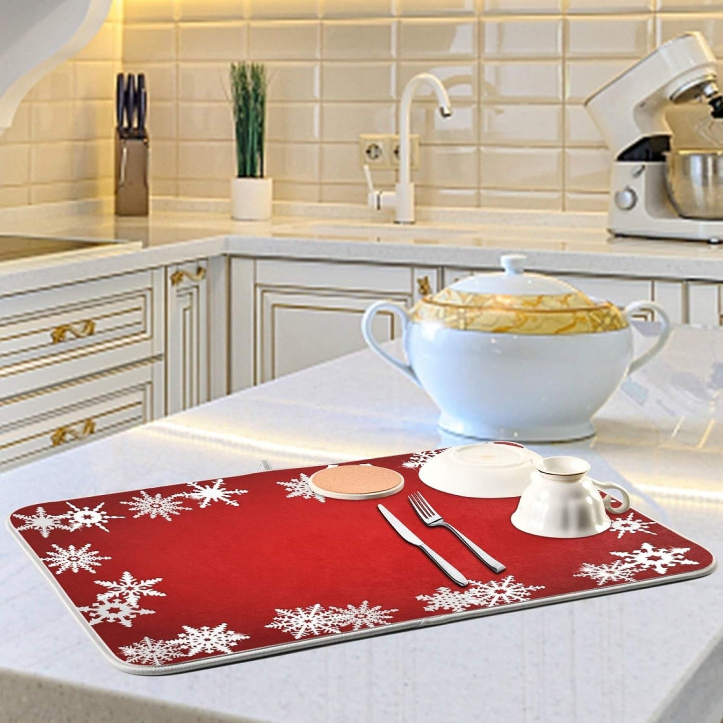 Super Absorbent Dish Drying Mat, Microfiber Fast-Drying Dish Mat, 24" x 18", Kitchen Dish Drying Pad, Watercolor Cute (Christmas Snowflake Abstract)