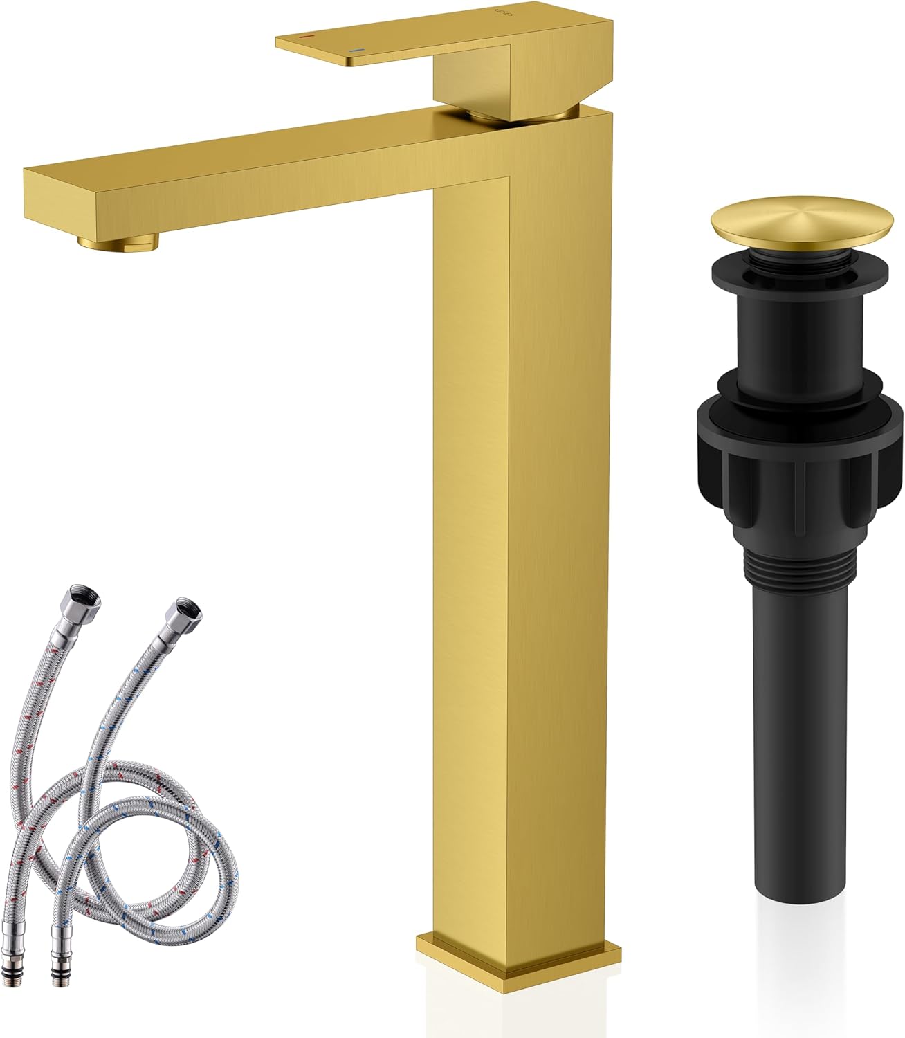 KENES Brushed Gold Tall Bathroom Faucet, Single Handle Vessel Sink Faucet Gold Vanity Bathroom Faucet with Supply Lines and Pop Up Sink Drain, LJ-9031A-4