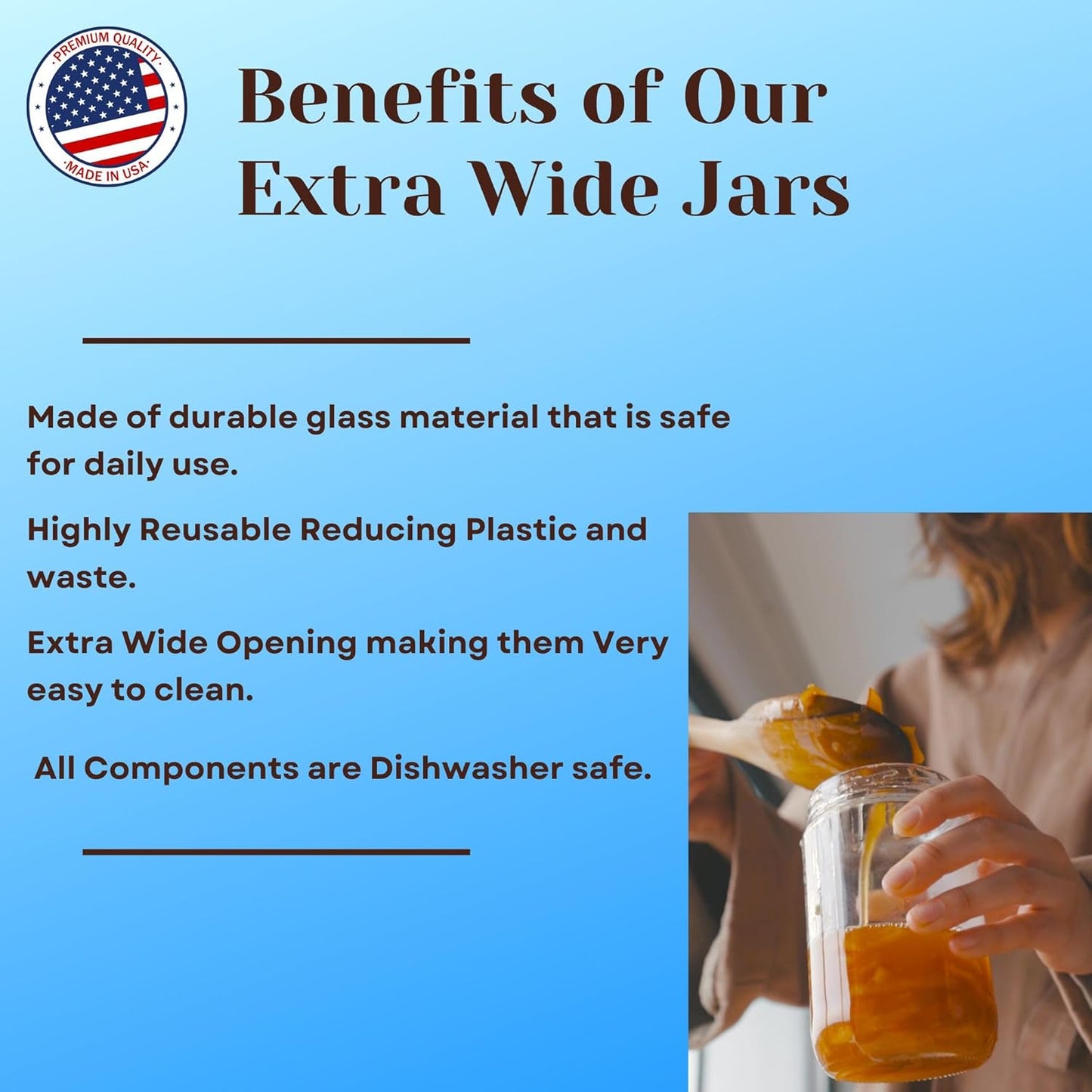 Jarming Collections Mason Jars - 32 oz Glass Storage Jars with Extra Wide Mouth Lids, BPA Free and Food Safe - Set of 2 with 2 Black Dome Plastic Lids