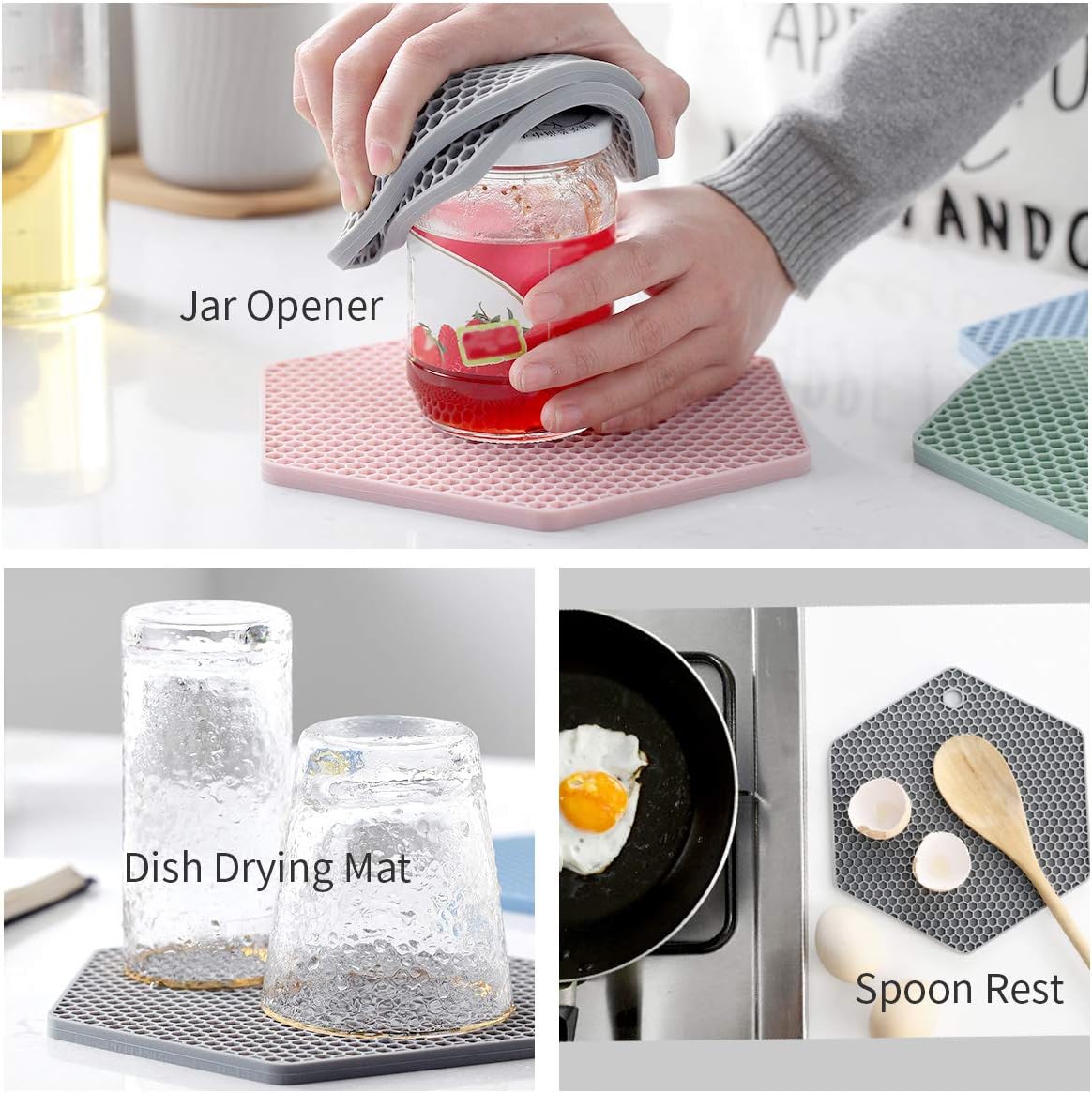 4 Packed Silicone Trivet Mats - DIY Different Size Dish Drying Mat, Hot Pot Holder for Pots & Pans, Non-Slip & Heat Resistant Kitchen Hot Pads for Countertops & Table,Grey