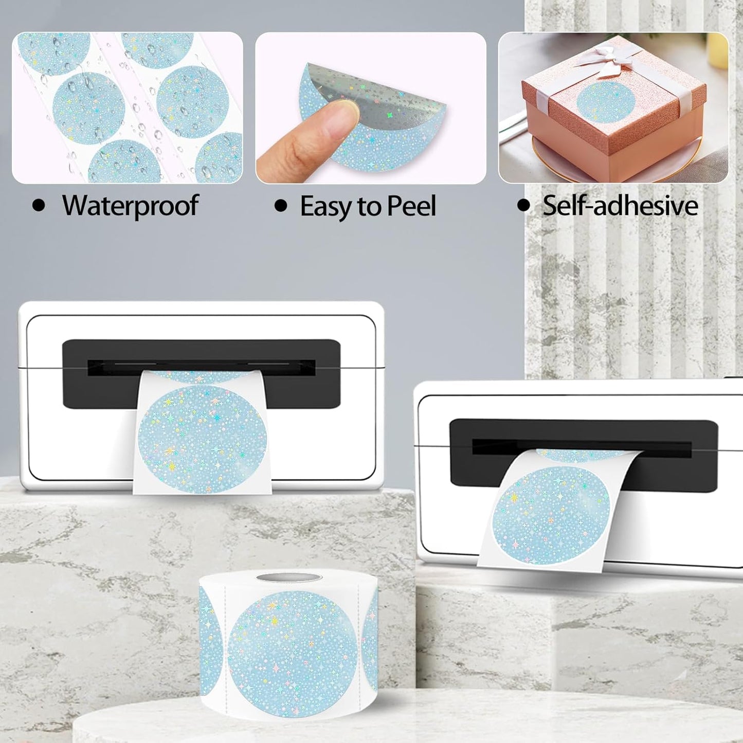 2''Holographic Thermal Label,Round Self-Adhesive Direct Thermal Label,Thermal Stickers for DIY Logo Design,Name Tag (300/Roll Blue Starry Sky