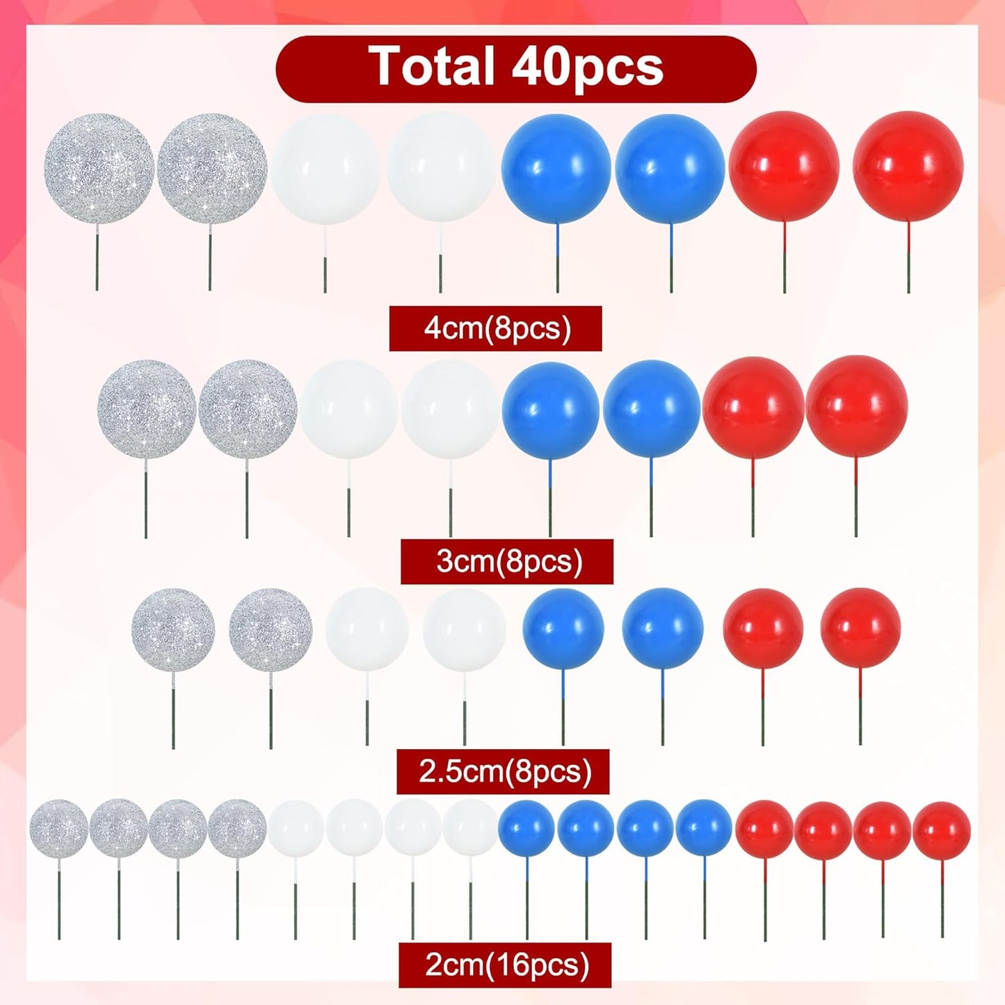 BEISHIDA 40 Pcs Foam Ball Cake Toppers with Sticks Mini Cake Decorations for Birthdays, Weddings, Baby Showers, DIY Baking Supplies, Anniversary Party (Red, Blue, White，Silver)