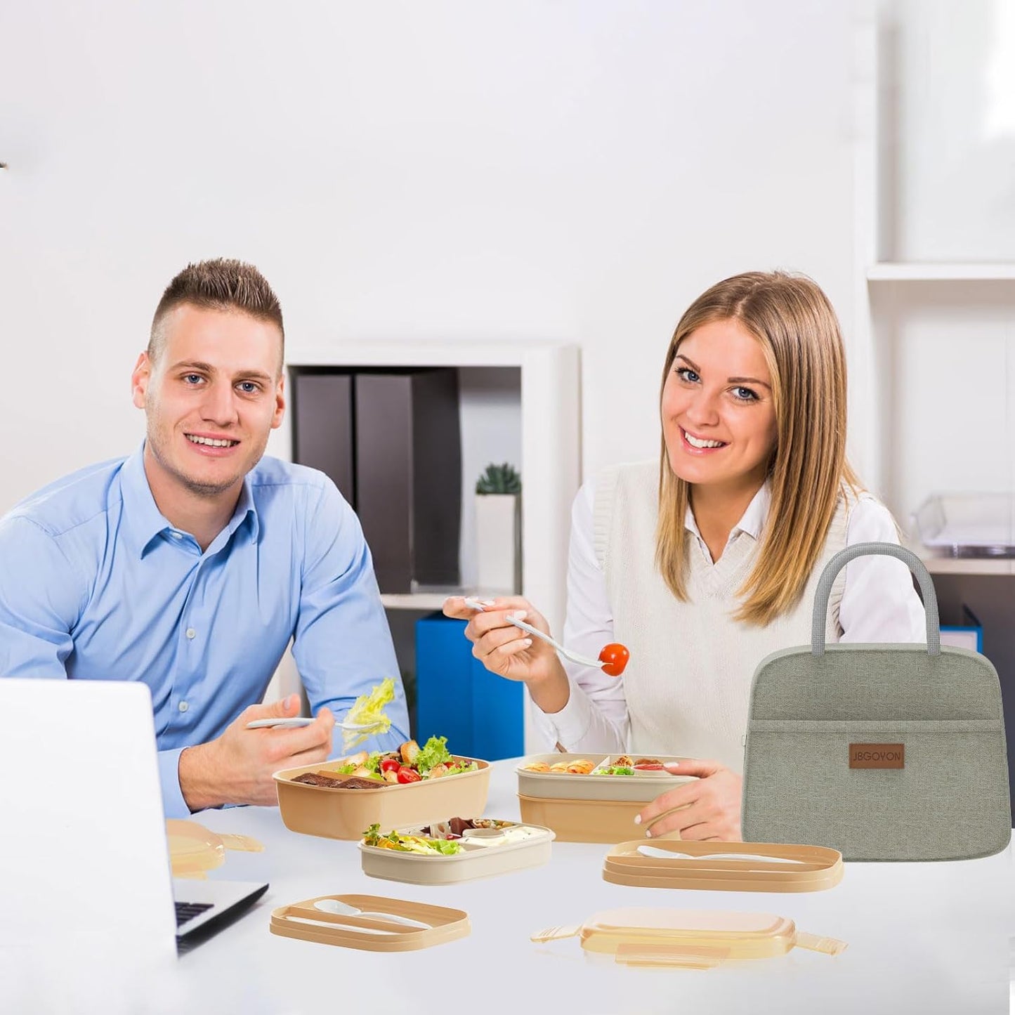 JBGOYON® Bento Lunch Box Set - 3 Stackable Containers for Adults and Kids- Includes Lunch Bag, Leak-Proof and BPA-Free - Built-in Utensil Set and Snack Bag - Dishwasher Safe (Khaki)