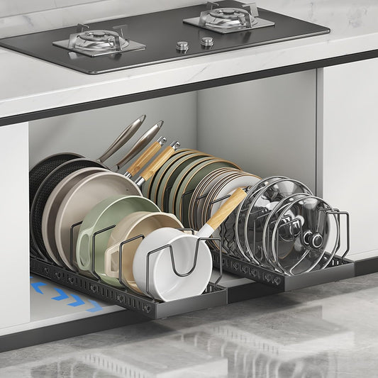 2 Pack Expandable Pots and Pans Organizer Under Cabinet, Sliding Pot Lid Holder and Pan Rack in Kitchen, Pull out Kitchen Cabinet Storage, with 10 Adjustable Dividers