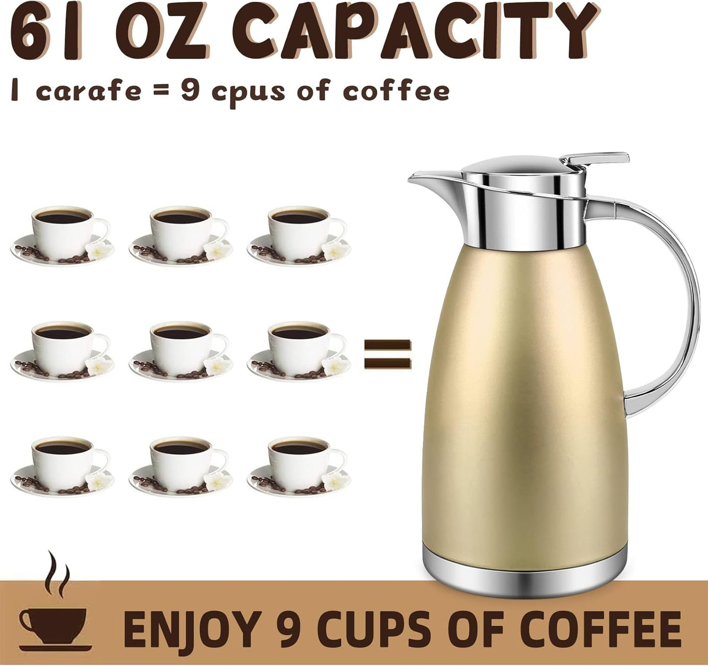 61oz Coffee Carafe Airpot Insulated Coffee Urn Stainless Steel Vacuum Thermal Pot Flask Dispenser for Coffee, Hot Water, Tea, Hot Beverage - Keep 12 Hours Hot, 24 Hours Cold (Gold)