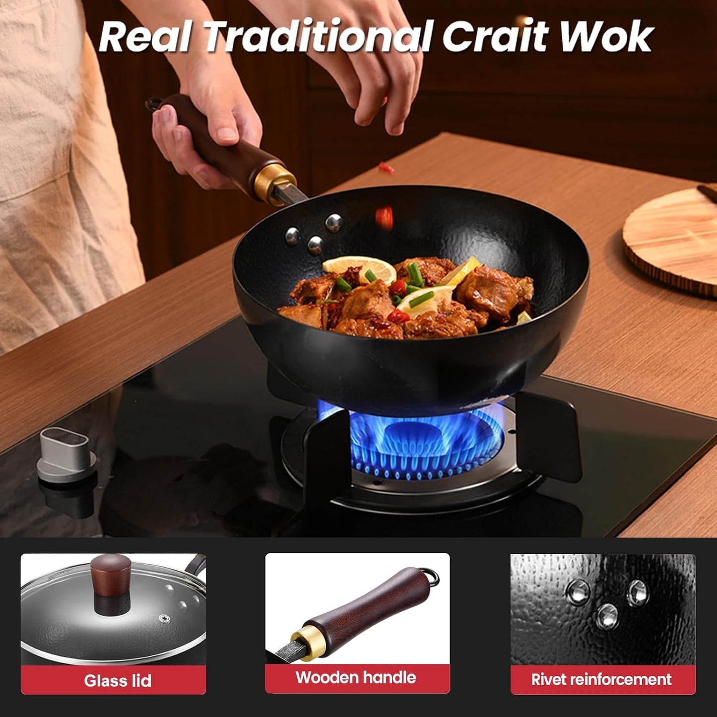 Carbon Steel Wok Pan, 10.2 “ Woks & Stir-Fry Pans with Wooden Lid Cookwares, Nonstick Wok, No Chemical Coated Flat Bottom Hand Hammered Chinese Wok For for Electric, Induction, for All Stoves