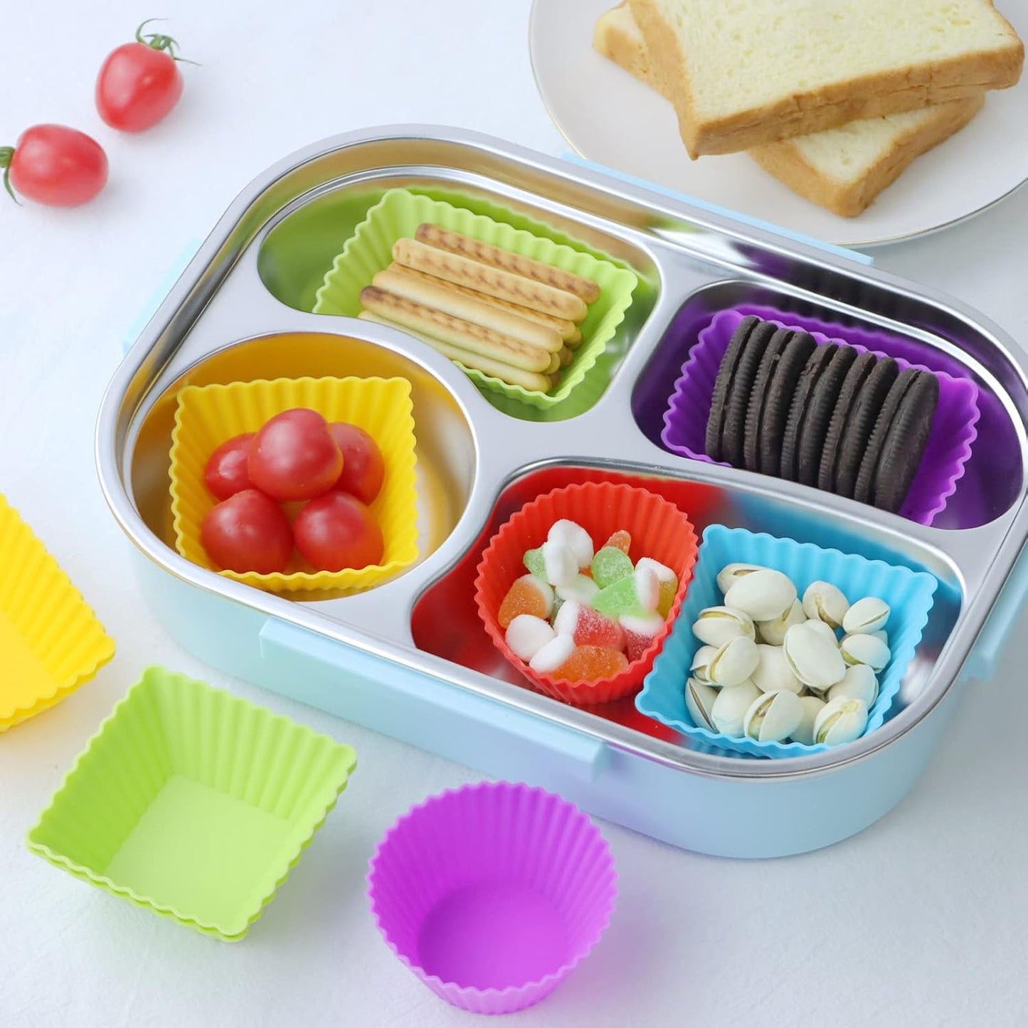 36-Pack Silicone Cupcake Liners, Reusable Muffin Cups – Round, Square & Rectangle Baking Cups, Non-Stick, Easy to Clean, Bento Box Accessories, Lunch Box Dividers for Kids(36 Liners + 20 Animal Picks)