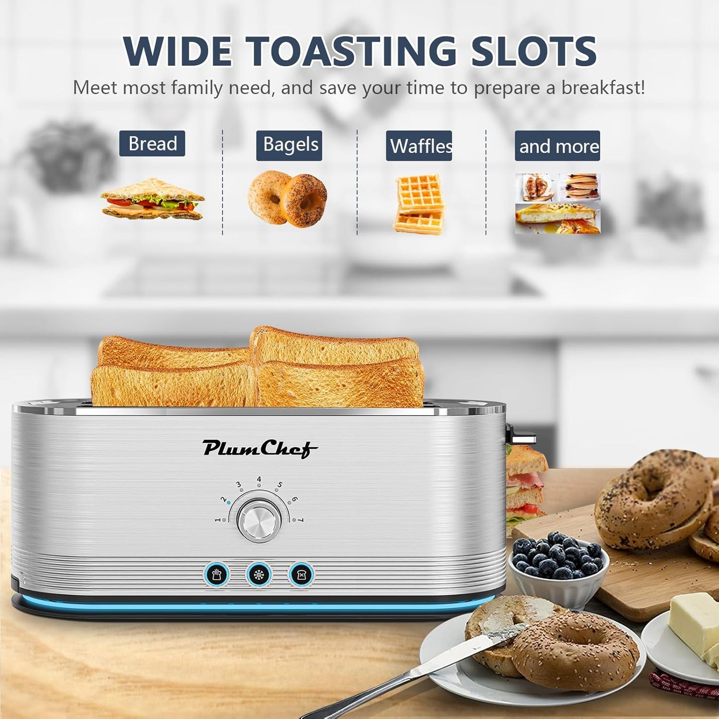 4-Slice long Slot Toaster, 7 Browning Settings, Defrost/Reheat Functions, Removable Crumb Tray, Full body Stainless Steel Housing, 1350W, Anti-Fingerprint & Anti-Jam (2, Sliver)