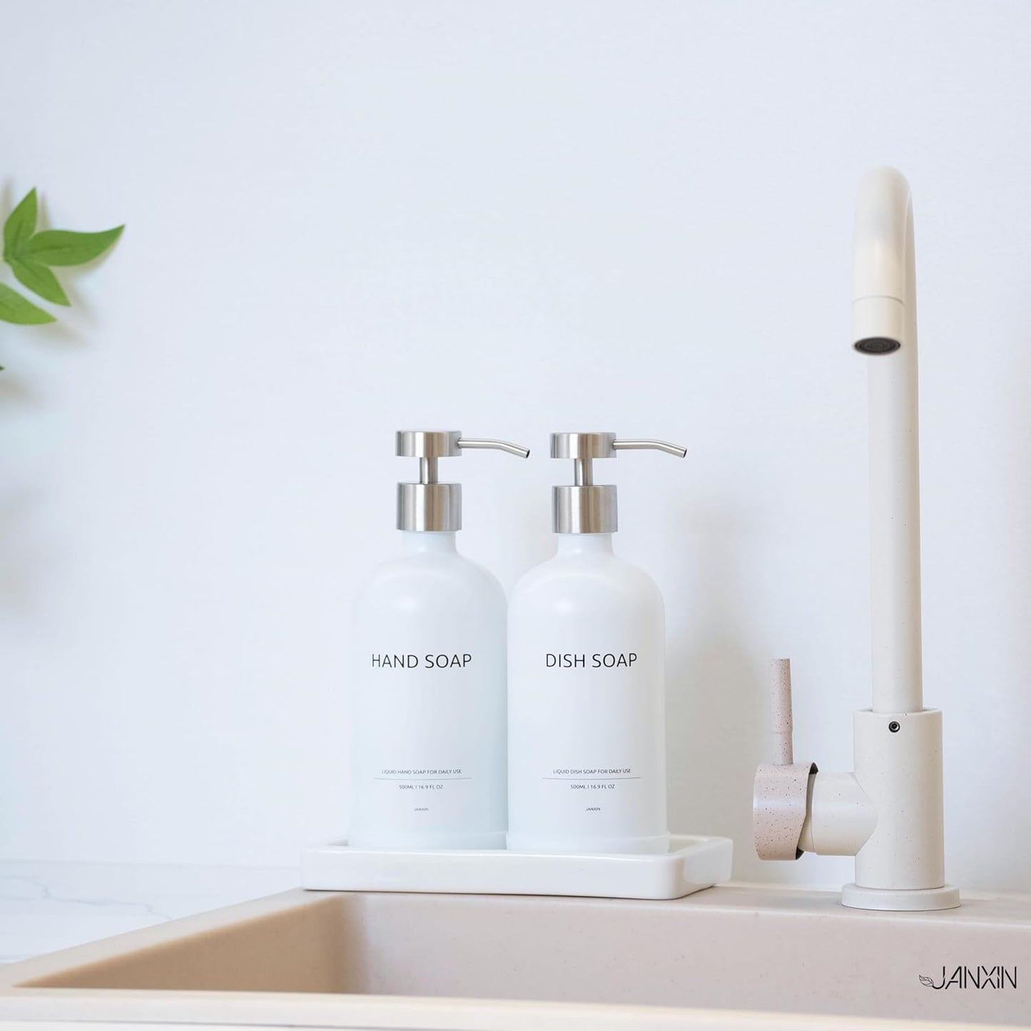 Glass Kitchen Soap Dispenser Set with Ceramic Tray,16.9 floz Hand and Dish Soap Dispenser for Kitchen and Bathroom Decor,White and Silver Kitchen Accessories(White Bottles + Silver Pumps)