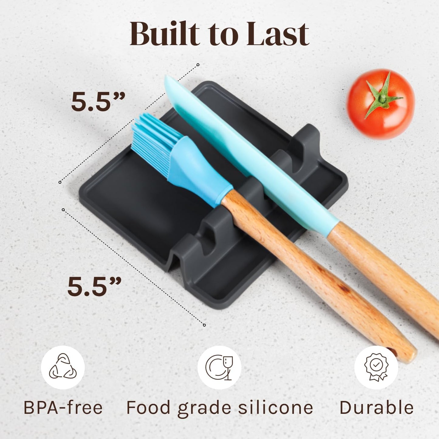 Black Silicone Spoon Rest for Stove Top with Drip Pad (Two Pack) - Heat-Resistant, BPA-Free Utensil Rest & Spoon Holder for Kitchen Counter - Grill Utensil Holder for Spatulas, Tongs, Ladles