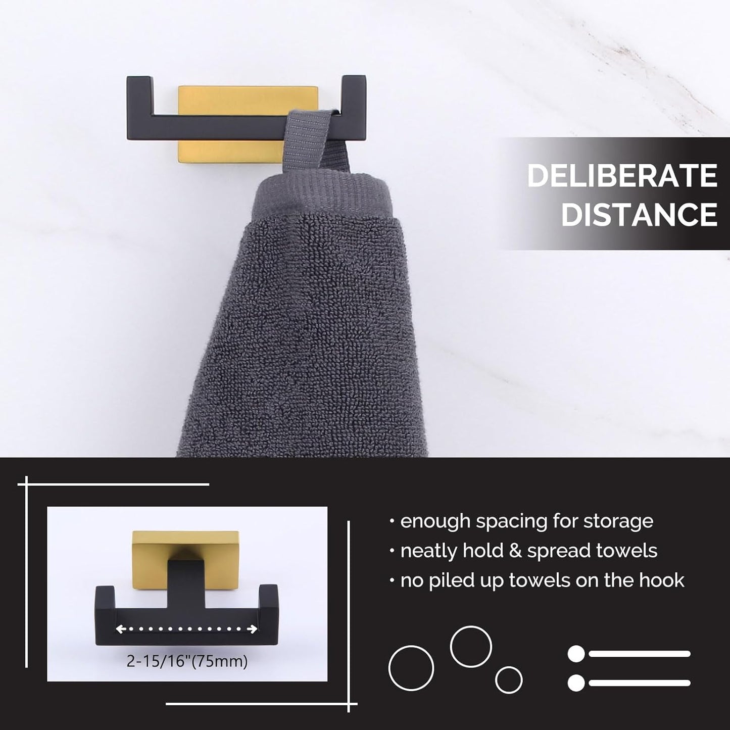 Angle Simple Double Towel Hook Black & Gold, Stainless Steel Bathroom Towel Holder, Coat Robe Hook Wall Mount