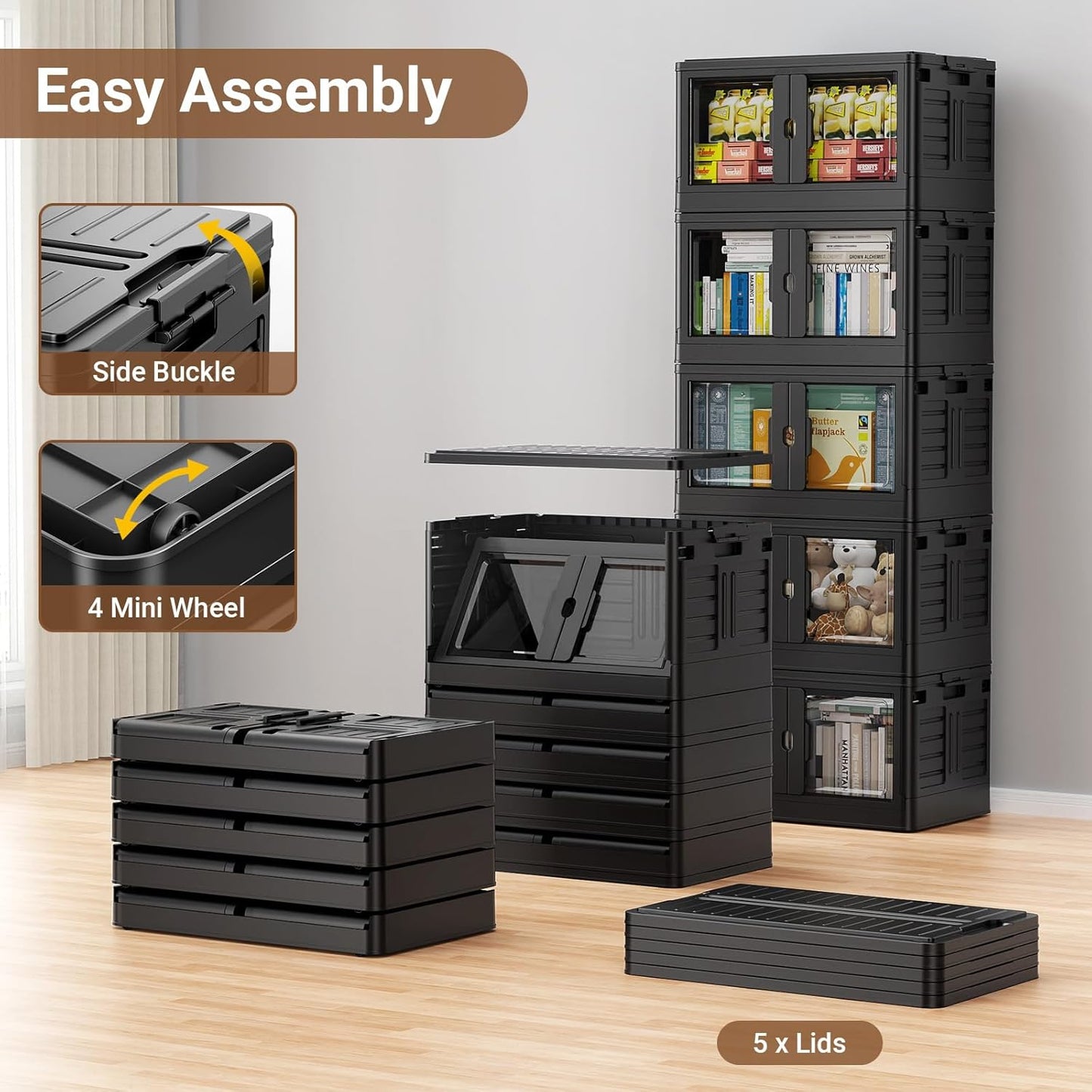 115Qt Stackable Storage Bins with Individual Lids & Wheels, Large Plastic Collapsible Latching Boxes Closet Organizers and Storage Cabinet Shelves Units for Home Kitchen Dorm, 1-Pack Black