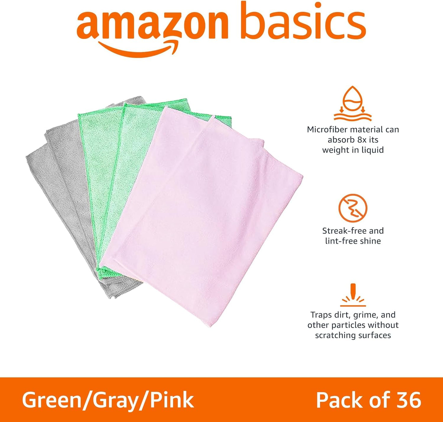 Amazon Basics Microfiber Cleaning Cloths, Non-Abrasive, Reusable and Washable, Pack of 36, Green/Gray/Pink, 16" x 12"