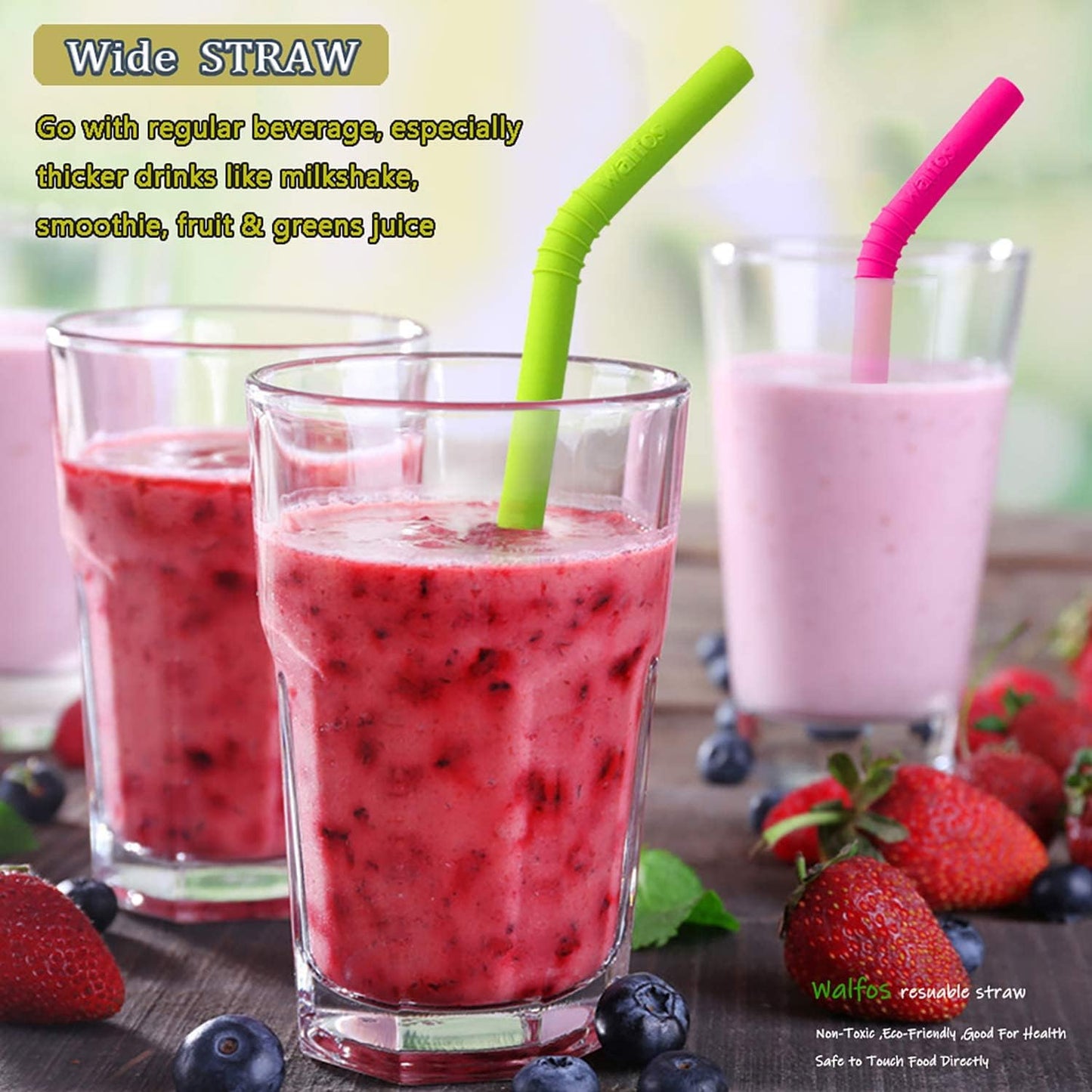 Walfos Reusable Silicone Straw - 2 Size Flexible Drinking Bendy Straws for Smoothies/20 & 30 oz Tumblers, BPA Free (4 Wide Straws + 4 Regular Straw + 2 Cleaning Brushes Excluding storage bag）