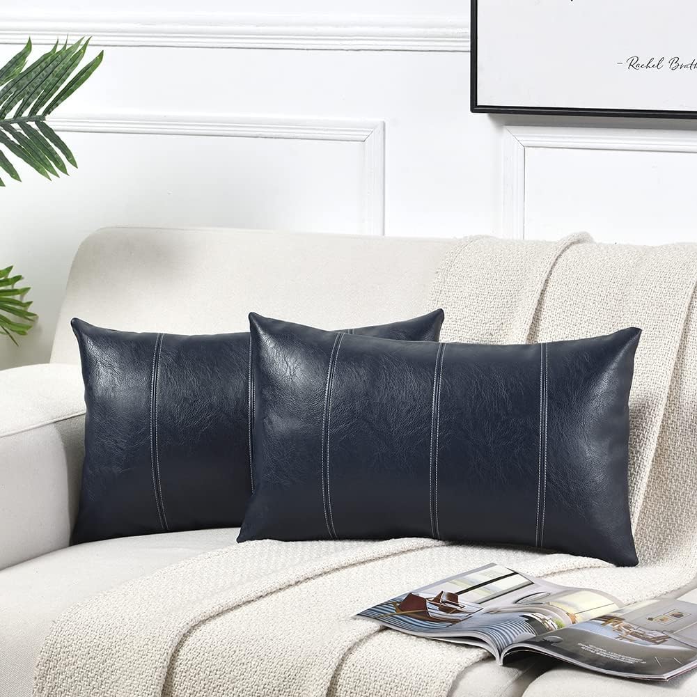Fancy Homi Navy Blue Lumbar Waterproof Faux Leather Decorative Throw Pillow Covers 12x20 Inch for Outdoor Couch Bed, Modern Farmhouse Boho Home Decor, Blue Hand Stitched Cushion Case 30x50 cm
