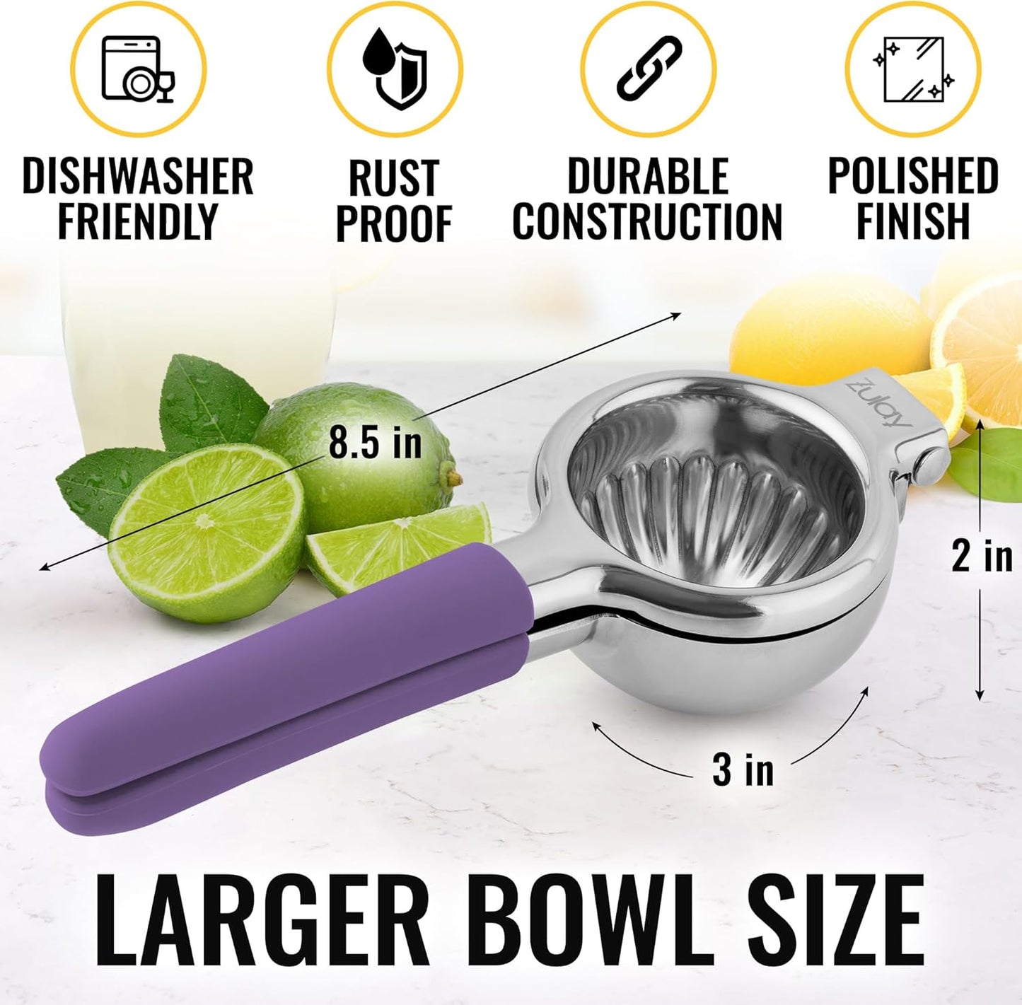 Zulay Lemon Squeezer Stainless Steel with Premium Heavy Duty Solid Metal Squeezer Bowl and Food Grade Silicone Handles - Large Manual Citrus Press Juicer and Lime Squeezer Stainless Steel (Purple)