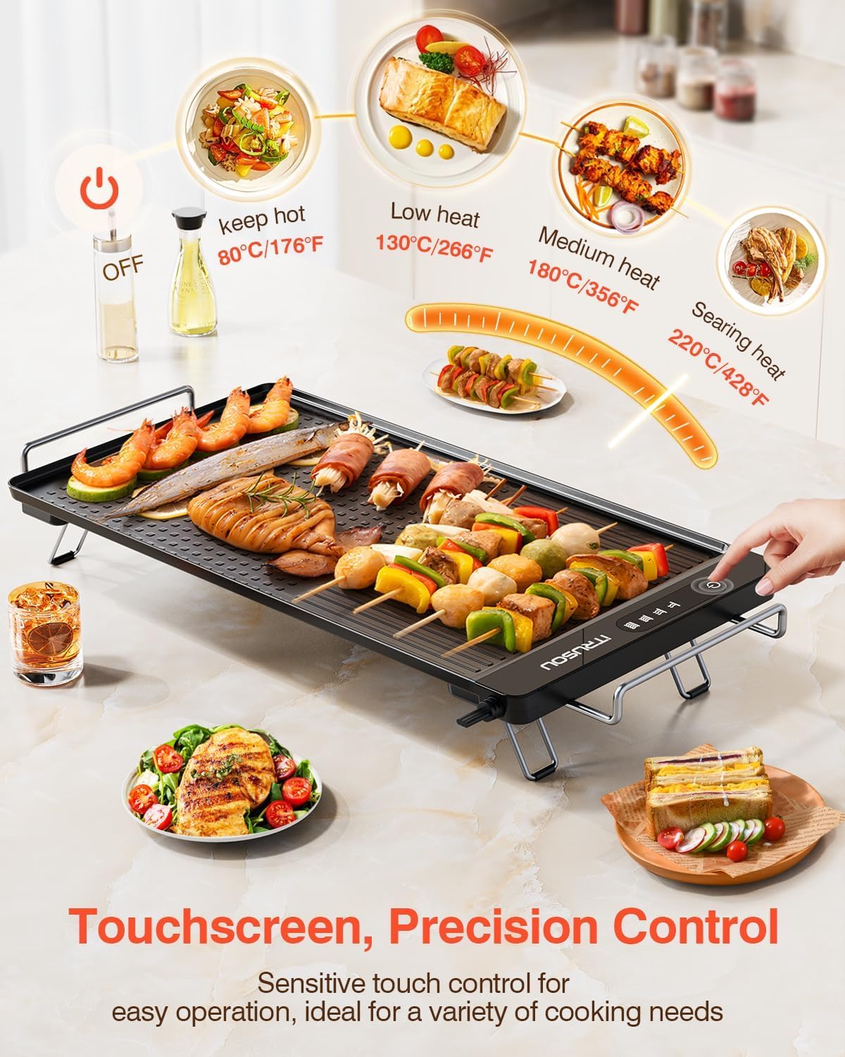 Electric Griddle with Removable Touch Panel, IPX9 Waterproof, Dishwasher-Safe, 1300W Fast Heating in 10S, 18x10" Die-Cast Nonstick Plate, Foldable Design for Family Use (4–8 People)