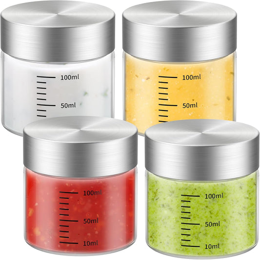 4 Oz Glass Bottles, 4 Pack Glass Jar with Lid, BPA Free, Borosilicate Glass, Stainless Steel Lids for Juicing, Smoothies, Infused Water, Beverage Storage
