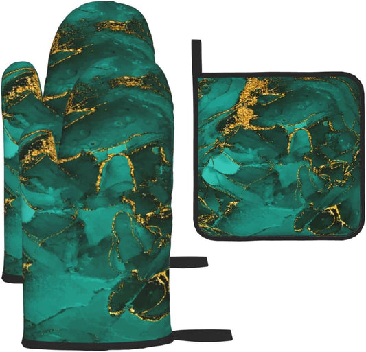 Turquoise Marble Oven Mitts and Pot Holders Sets of 3 Emerald Dark Green Hot Pads Heat Resistant Non Slip Washable for Cooking Grilling Baking BBQ Kitchen Decor