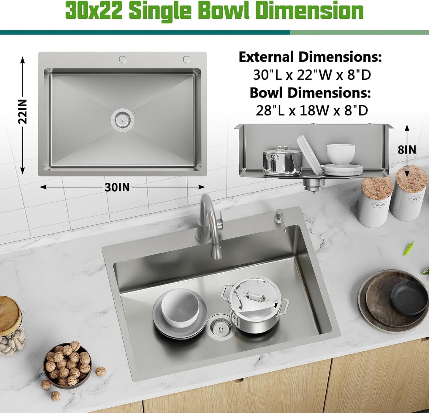 30x22 Inch Stainless Steel Kitchen Sink - Drop In Modern Single Bowl Topmount Kitchen Sink With Silicon Mat,Drain Strainer Set Offering Large Basin And Compatibility With Various Kitchen&Bar Style