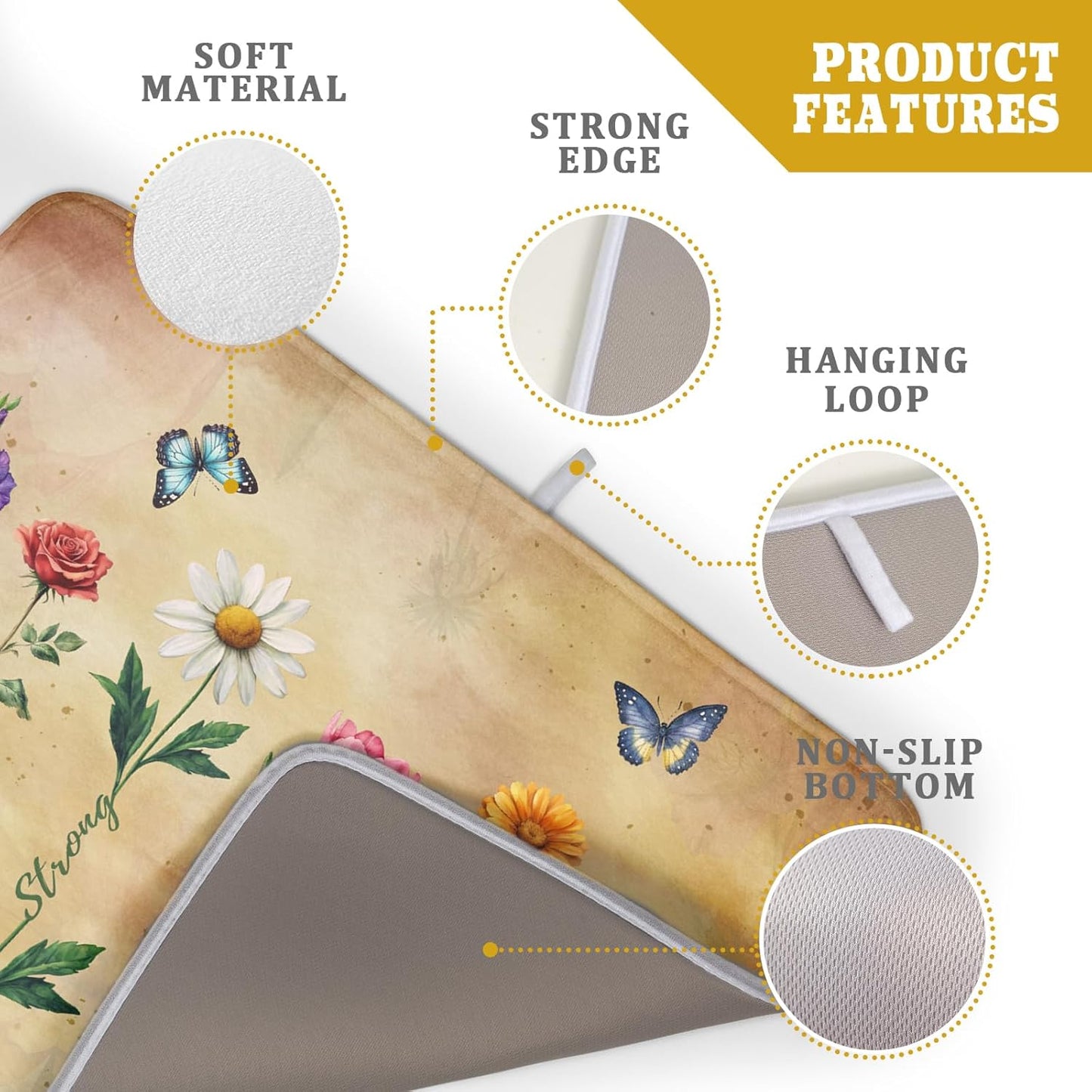 Inspirational Flower Dish Drying Mat - Rustic Vintage Floral Kitchen Absorbent Dish Dryer Mat for Women