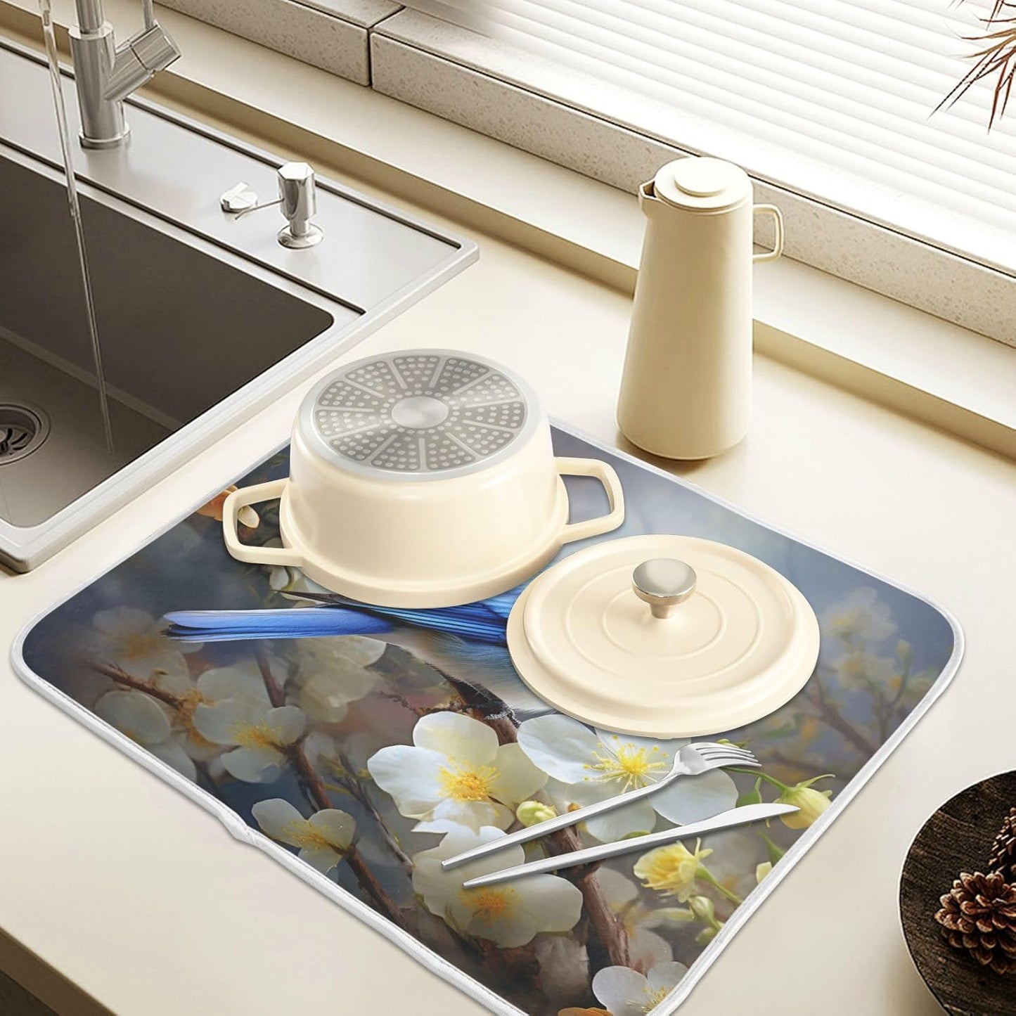 Spring Blue Yellow Flower Bluebird Butterflies Dish Drying Mat for Kitchen Counter Absorbent Microfiber Large Drying Pad Dish mats for Kitchen Countertops 18 x 24 Inch