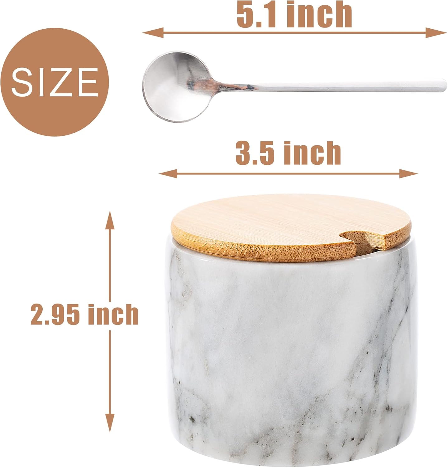 Marble Salt Cellar with Lid & Spoon, 11oz Salt and Pepper bowls, Handcrafted from Natural Marble, Smooth Inside (White)