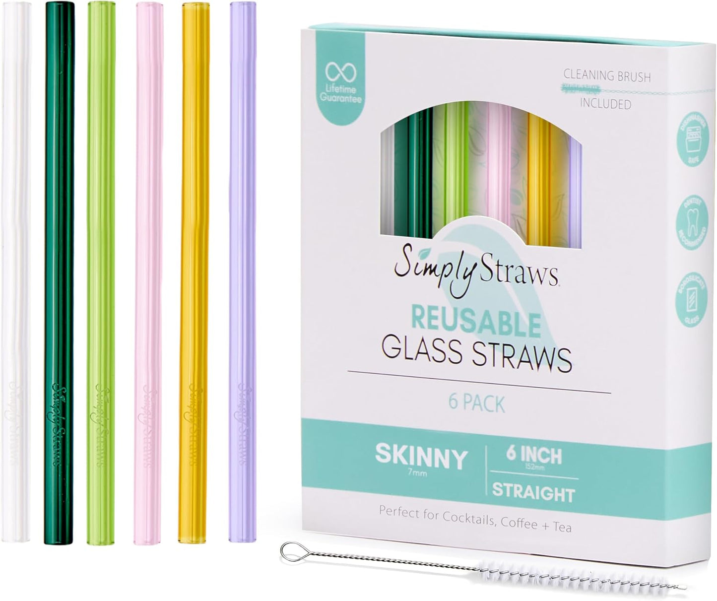 Simply Straws 6 Inch Skinny Glass Straws (6-Pack) - Reusable Cocktail Straws for Mixed Drinks, Low Balls, Coffee & Tea, with Cleaning Brush – Dishwasher Safe, Hot & Cold Use, BPA-Free (Meadow)