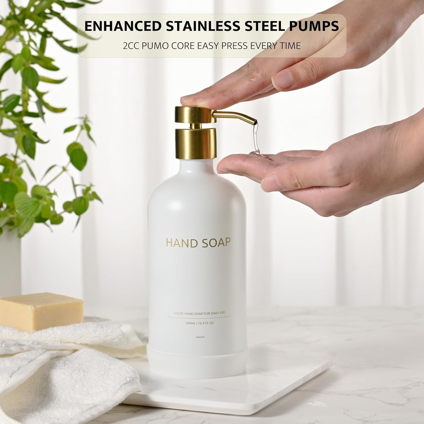 Glass Kitchen Soap Dispenser Set with Ceramic Tray,16.9 floz Hand and Dish Soap Dispenser for Kitchen and Bathroom Decor (White + Gold(Lotion))