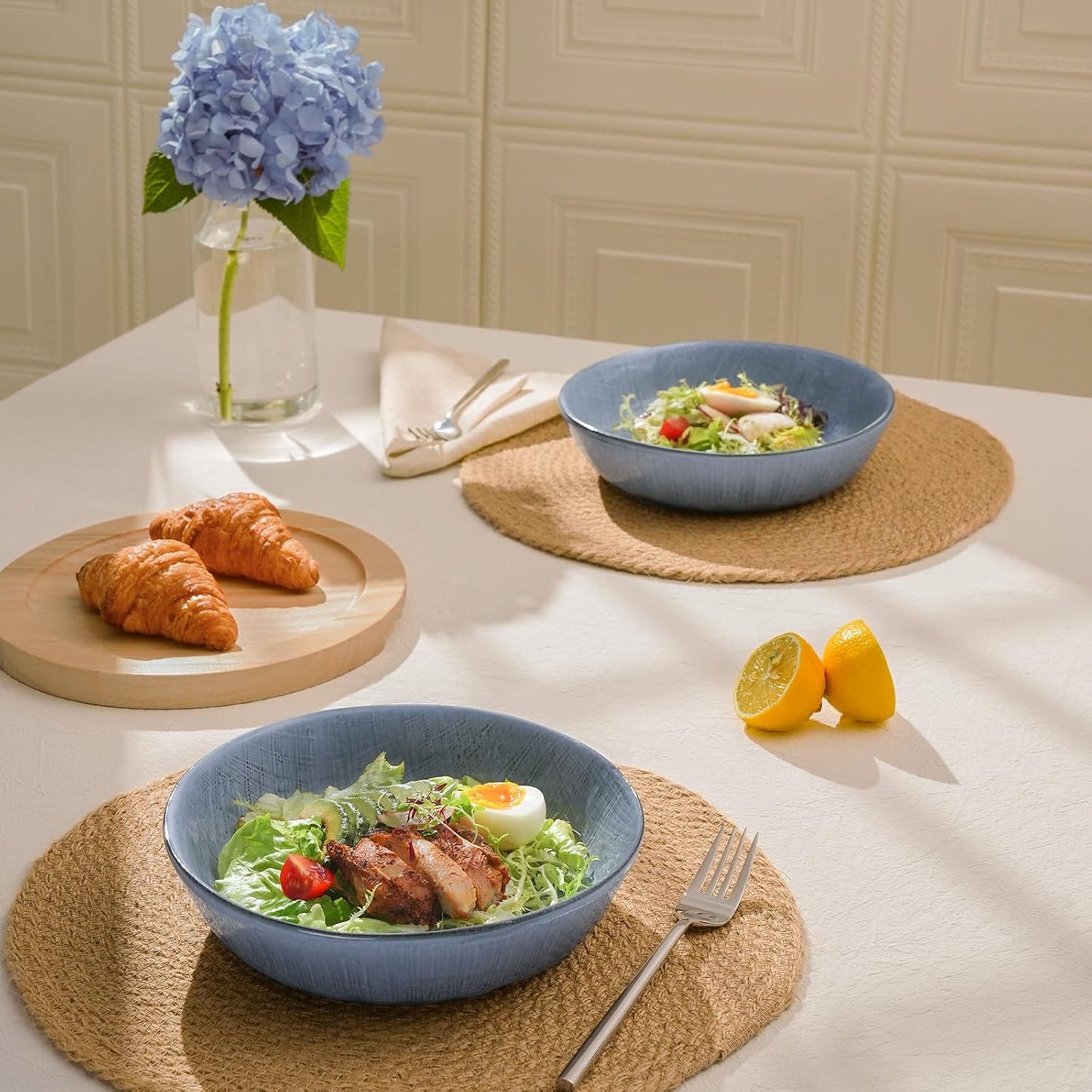 famiware Moonlight 8.5 Inch Pasta Bowls Set of 4, 32oz Serving Bowls for Kitchen, Soup Bowl with Linen Finish, Large Stoneware Bowls for Festivals, Housewarming, Dinnerware, Blue