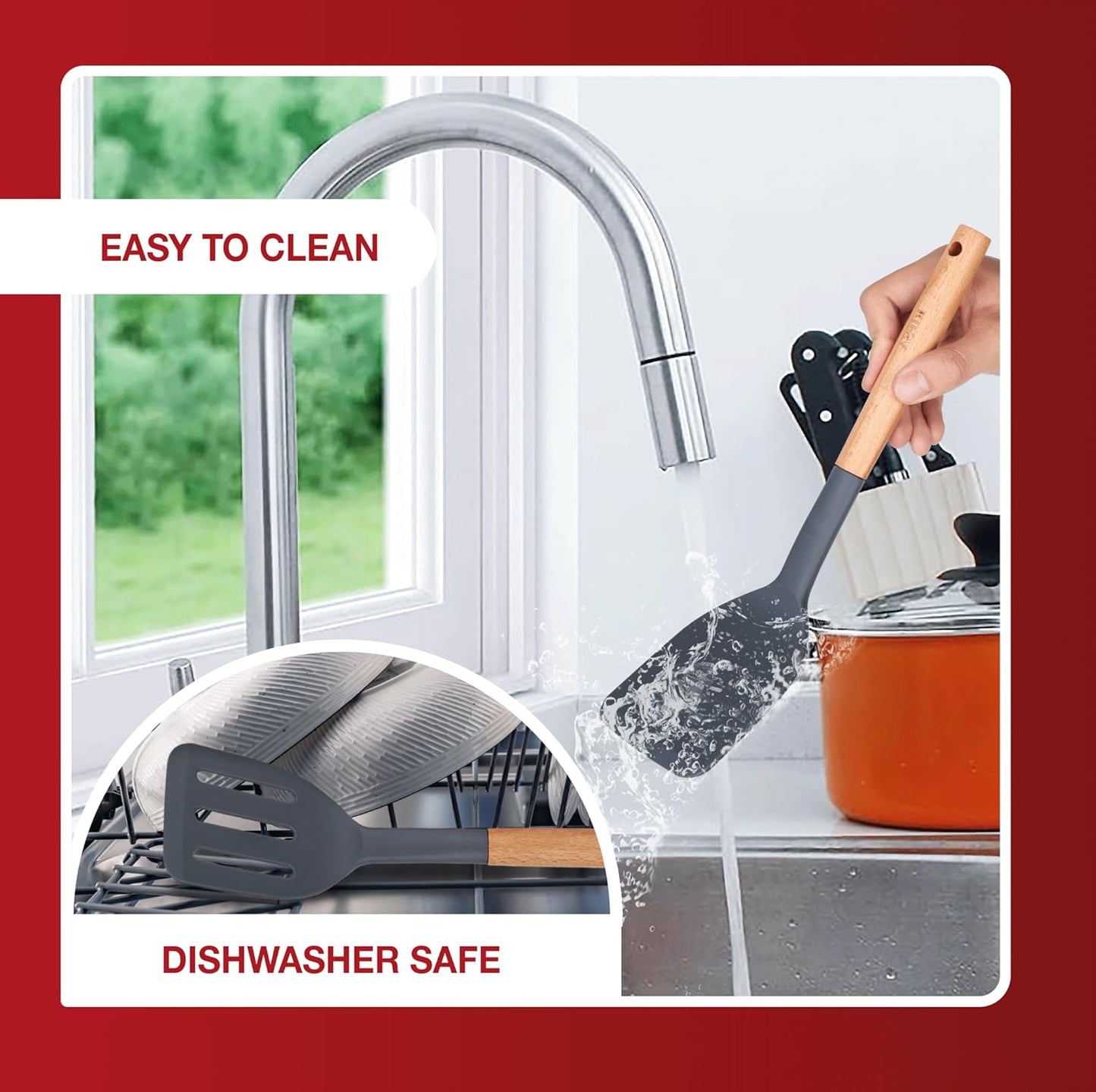 Pack of 2 Silicone Spatula, Non Stick Slotted Spatulas with Wooden Handle, Ideal Wood Kitchen Utensils Set for Frying, Baking, Flipping & Turning, Heat Resistant Silicone Turner for Non Stick Cookware