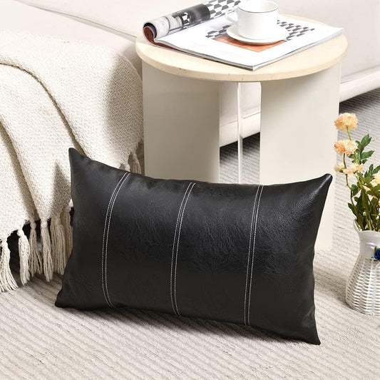 Fancy Homi Black Lumbar Faux Leather Decorative Throw Pillow Covers 12x20 Inch for Living Room Couch Bed Sofa, Boho Farmhouse Home Decor, Hand Stitched Rectangle Cushion Case 30x50 cm