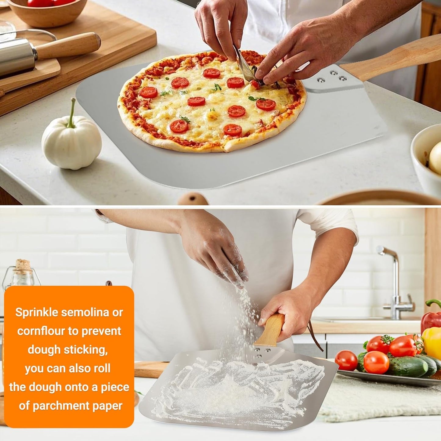 Skyflame Kitchen Supply Aluminum Pizza Peel with Wooden Handle 14-Inch x 16-Inch, Large Pizza Paddle for Baking Homemade Pizza Bread