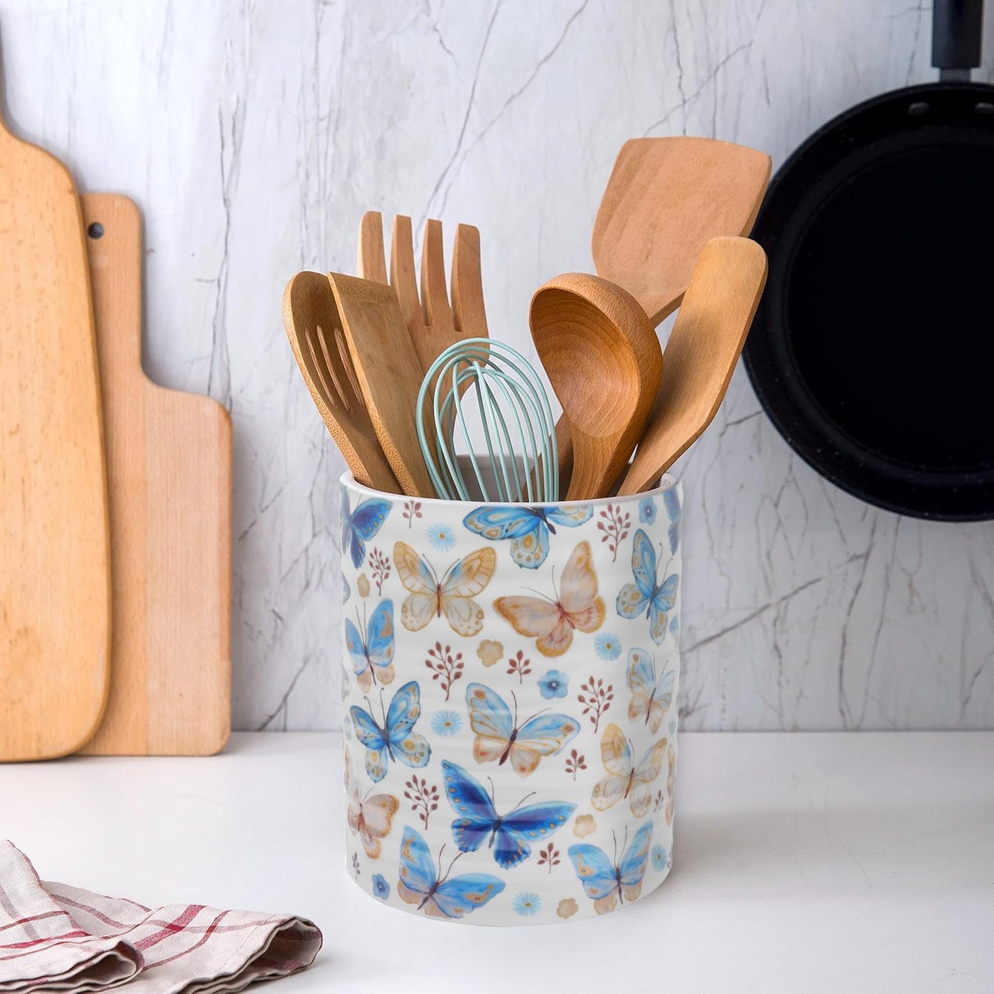 Kitchen Utensil Holder,7.2″Extra Large Stable Pattern Ceramic Utensil Crock,Utensil Organizer for Countertop,Kitchen Decor,Utensil Holder for Housewarming,Wedding Gift (Butterfly)