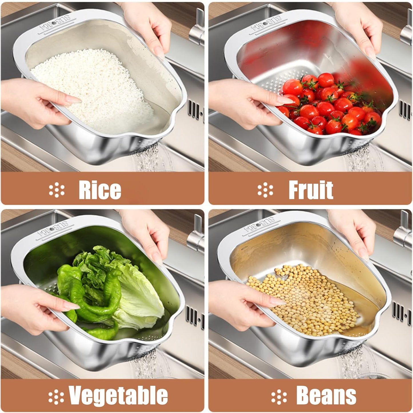 Rice Washer Strainer Bowl, Stainless Steel Washing Bowl whit Side Drainers, Versatile Square Quinoa Colander for Cleaning Rinsing Fruits, Vegetables, and Beans - Multifunctional Drain Basket