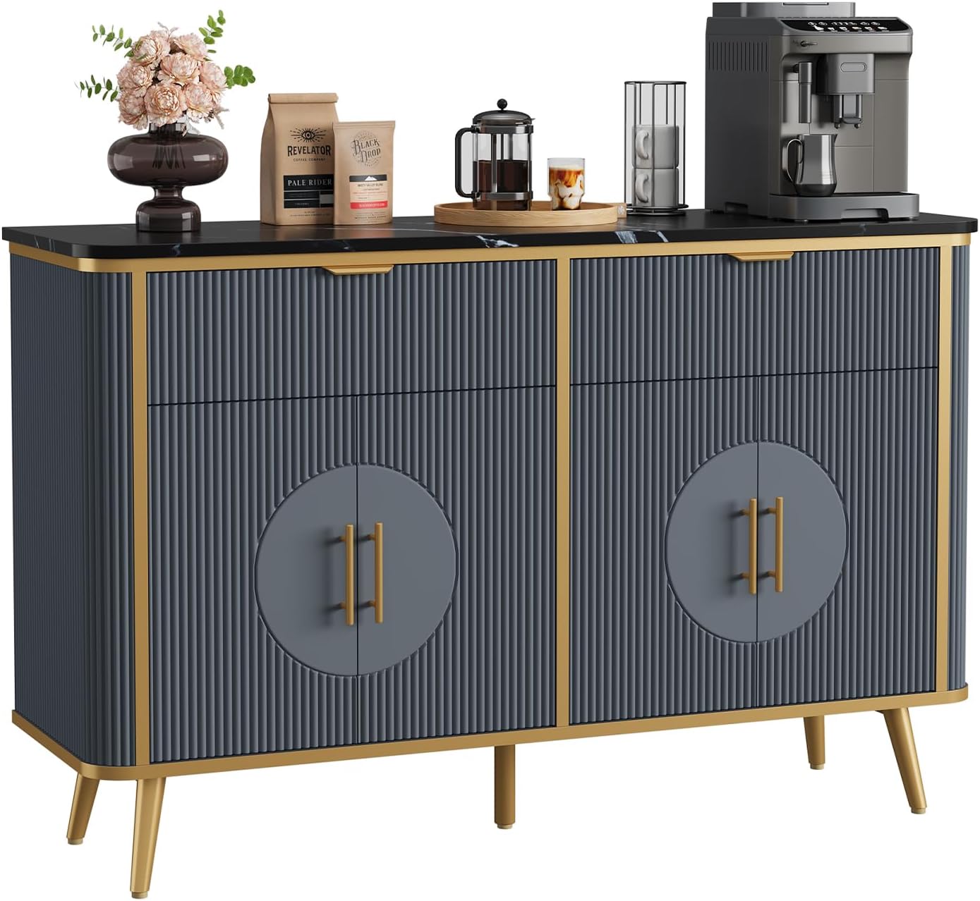 47.2" Buffet Storage Cabinet, Modern Fluted Coffee Bar Station with 2 Drawers & Adjustable Shelves, Kitchen Sideboard Buffet for Dining Room, Living Room, Hallway, Navy Blue