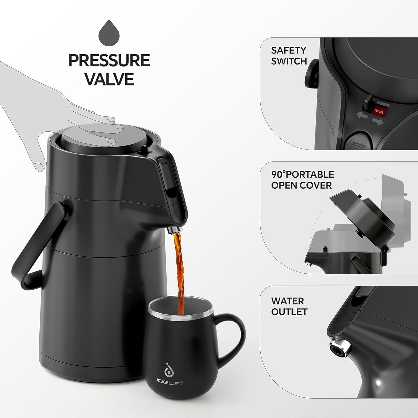 IDEUS Thermal Coffee Carafe 74oz (2,200ml), Stainless Steel Double Wall Insulated Vacuum Flask, Water Jug Coffee Server and Beverage Dispenser, Heat and Cold Retention (Black, 74oz (2,200ml))