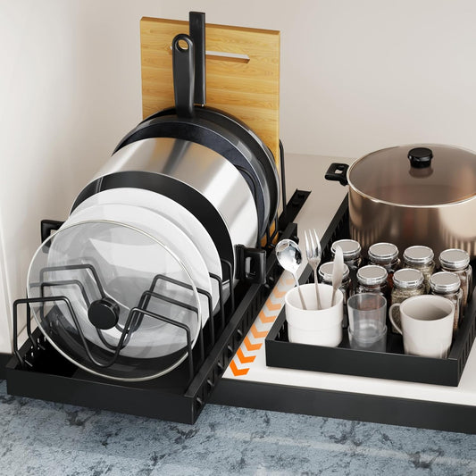 FLSEPAMB Pots and Pans Organizer for under Cabinet 2 Pack 10-Tier Pot Pull Out Cabinet Organizer Sliding Pot, Cabinet Pull Out Shelves with Two Types of Shelves for Pots, Lids, Bottles and Pans