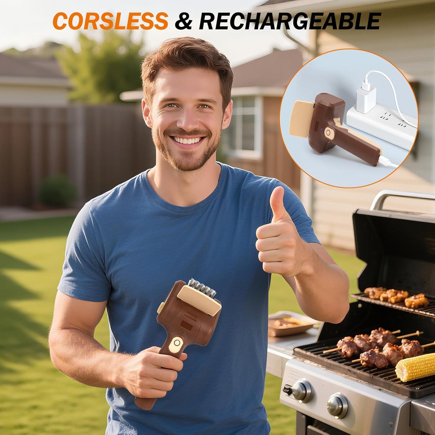 Grill Brush for Outdoor Grill, Cordless Electric BBQ Grill Cleaner with 700 RPM Stainless Steel Brush, Rechargeable Grill Cleaning Brush, Brown