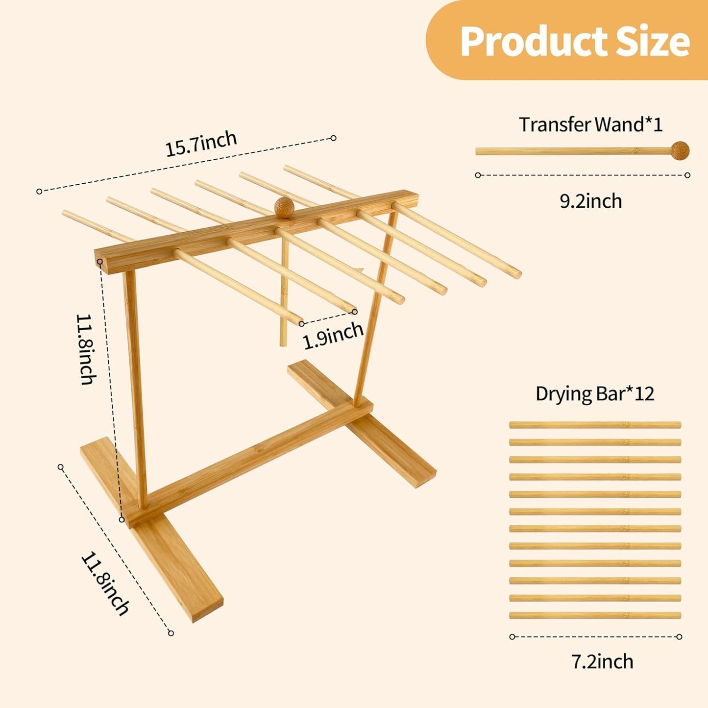 Bamboo-Pasta-Drying-Rack with Transfer Wand & 12 Arms, Large Collapsible Fresh Pasta Dryer Holder for Homemade Noodle, Spaghetti, Tagliatelle, Detachable Fettuccine Hanger Stand with 12 Bars