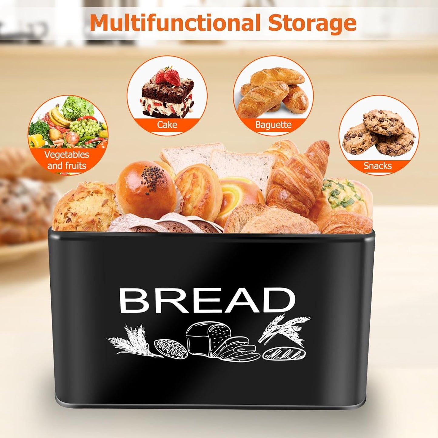 JIGUOOR Black Bread Box, Extra Large Space Saving Vertical Metal Bread Box with Wooden Cutting Board Lid, Holds 3 Loaves, Farmhouse Kitchen Bread Storage, Kitchen Parts Box 12.99" x 7.08" x 7.08"