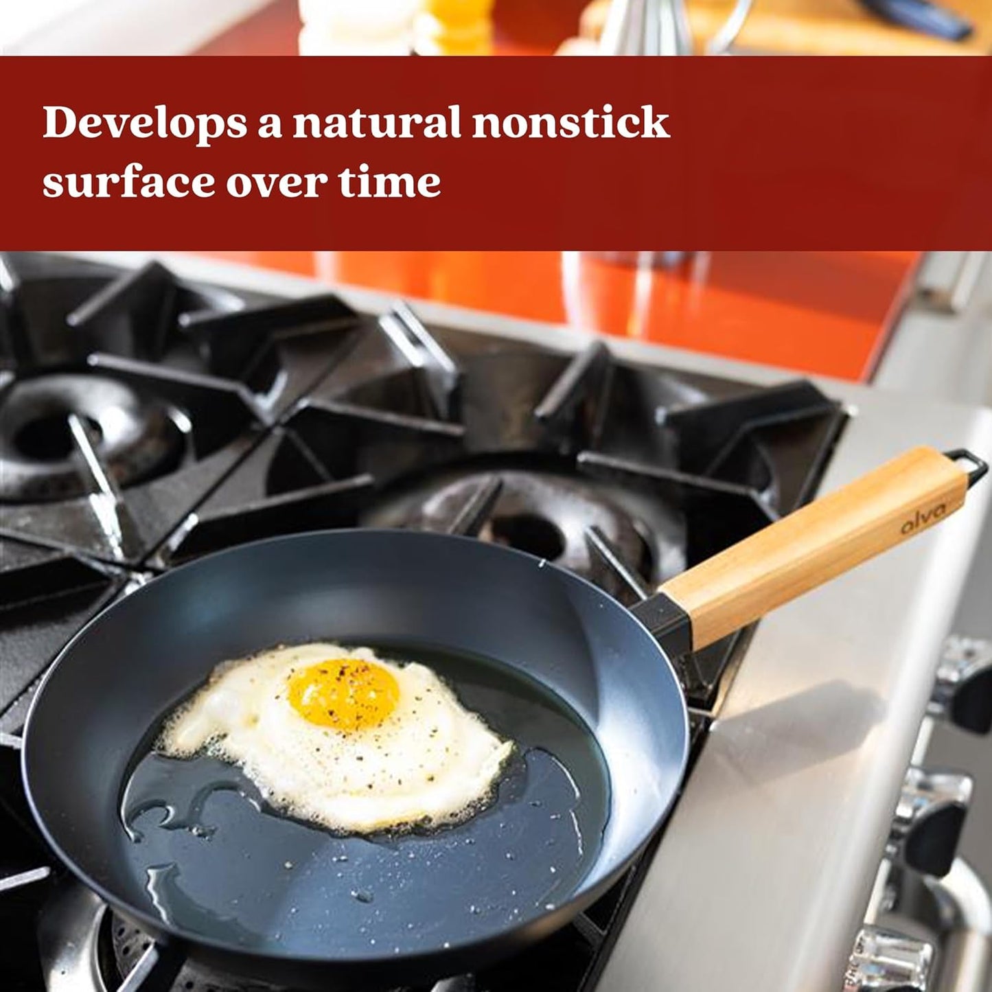 Alva Forest 8” Carbon Steel Frying Pan – Pre-Seasoned, Lightweight Chef-Grade Skillet with Stay-Cool Acacia Handle, Natural Nonstick, Induction & All-Stove Compatible – Professional Restaurant Quality