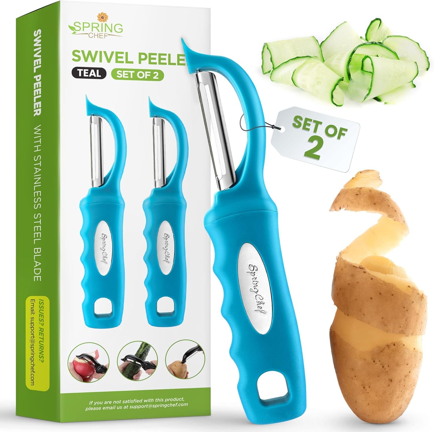 Spring Chef Stainless Steel Swivel Potato Peelers for Kitchen, Dishwasher Safe Veggie Peeler for Kitchen with Soft Grip Handle & Sharp Blades, Great for Vegetable, Apple, Carrot - Set of 2 - Teal