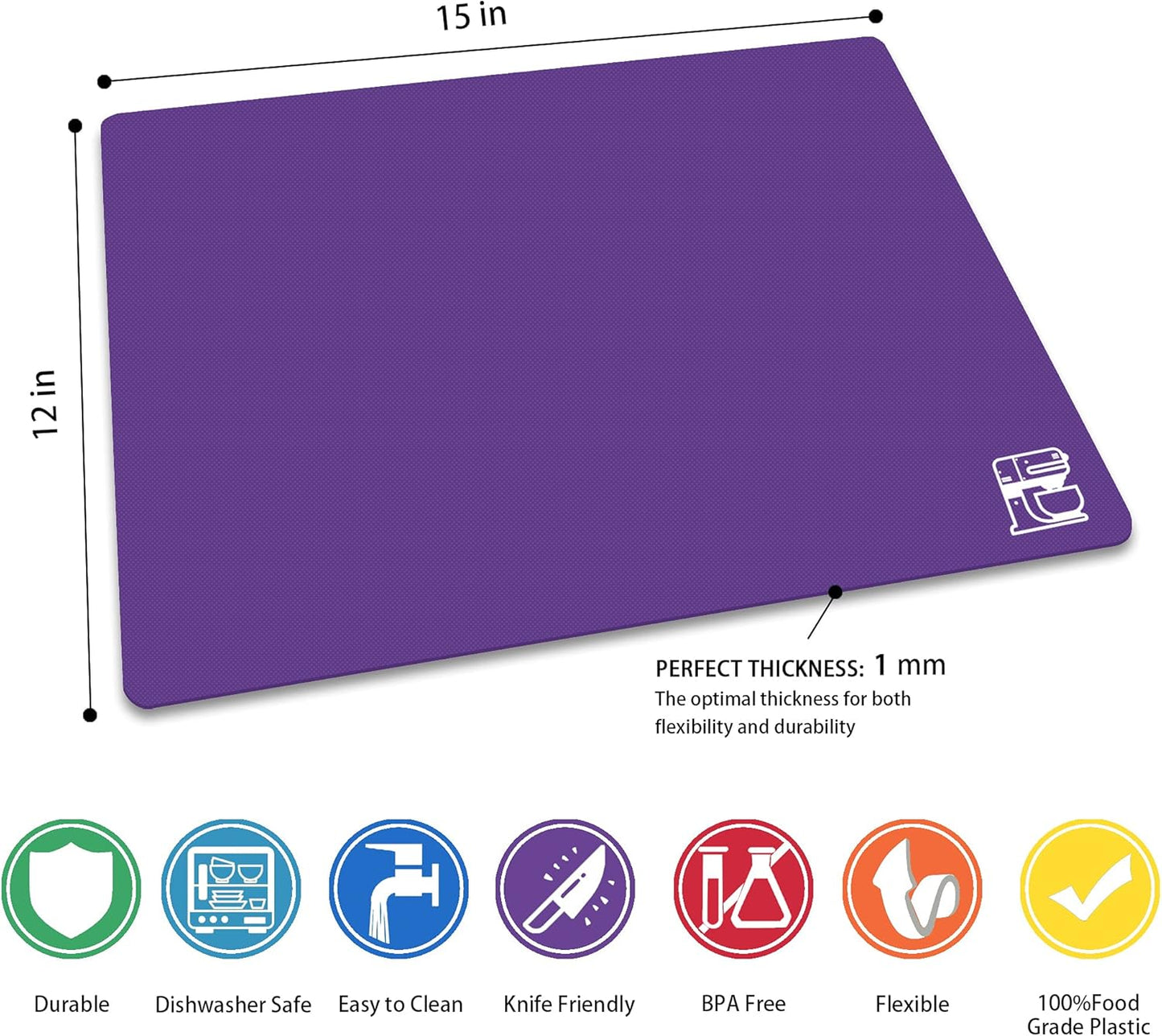 ZVP Flexible Plastic Cutting Board Set of 5 Gradient Color, Colorful Chopping Boards, BPA Free Mats, Non Slip, Dishwasher Safe, 15x12 Inch, Purple Multi-Color