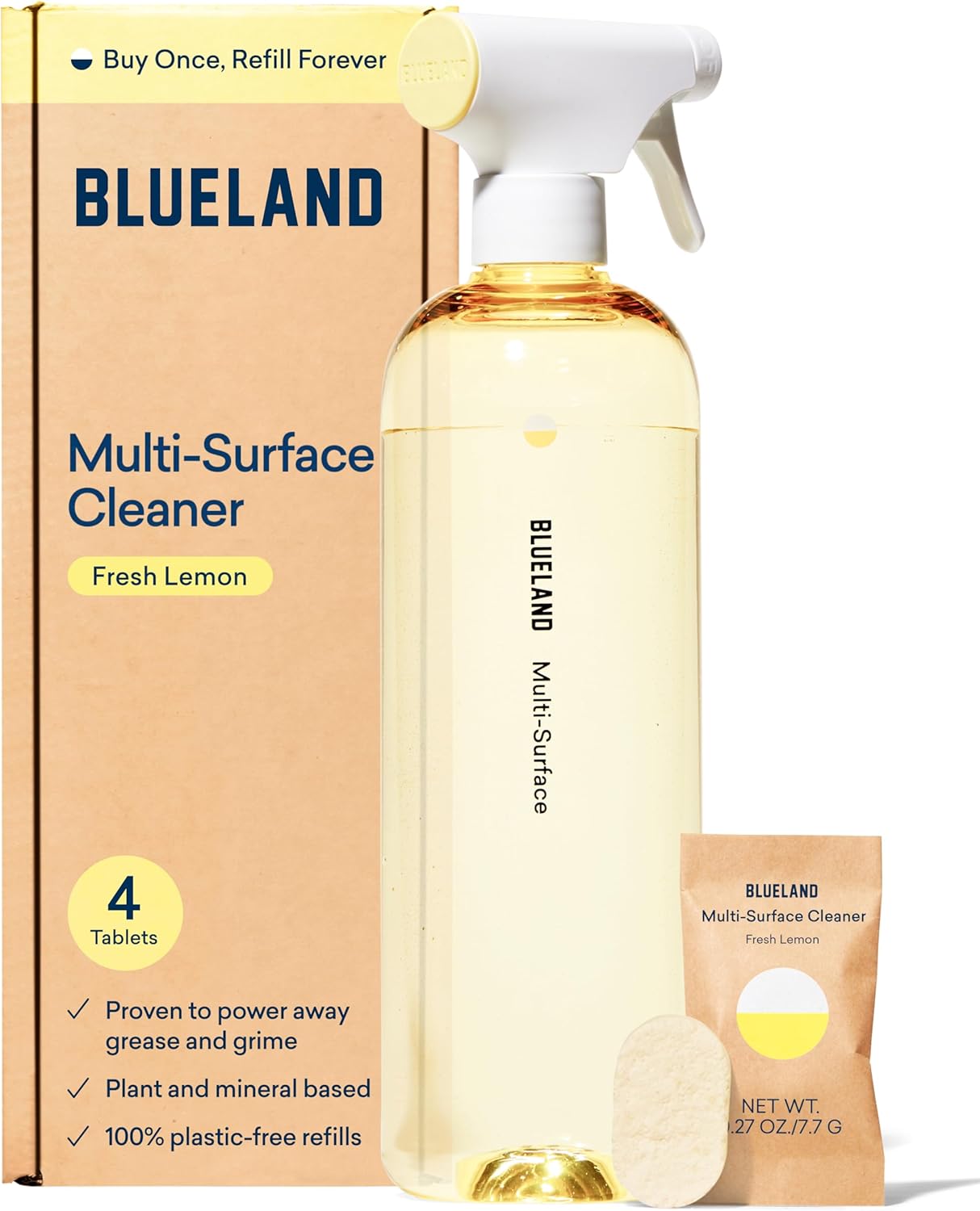 BLUELAND Multi-surface Cleaner, Starter Set, Fresh Lemon Scent, Spray Bottle with 4 Refill Tablets, All-Purpose, Eco-Friendly Cleaning Supplies, 4 x 24 Fl oz